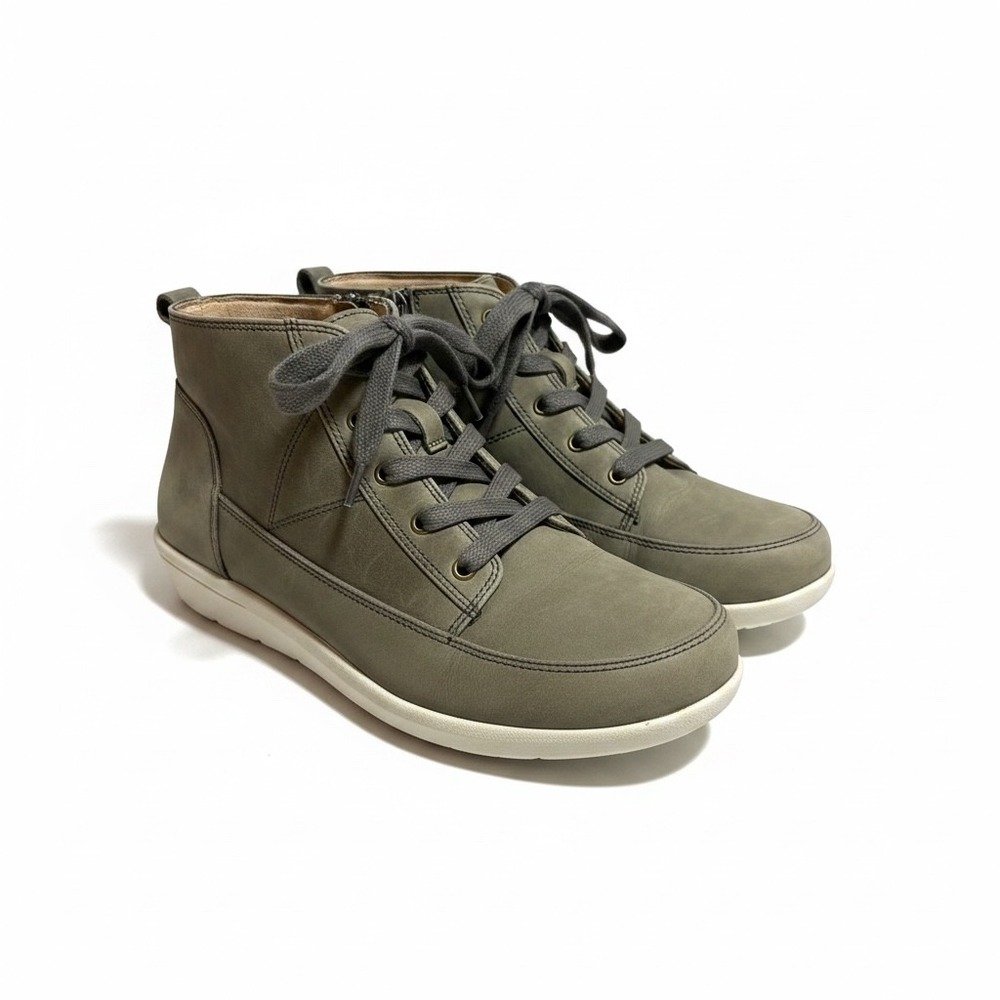 Vionic Shawna Olive Water Resistant Leather Side Zip Lace up Ankle Booties - 7W